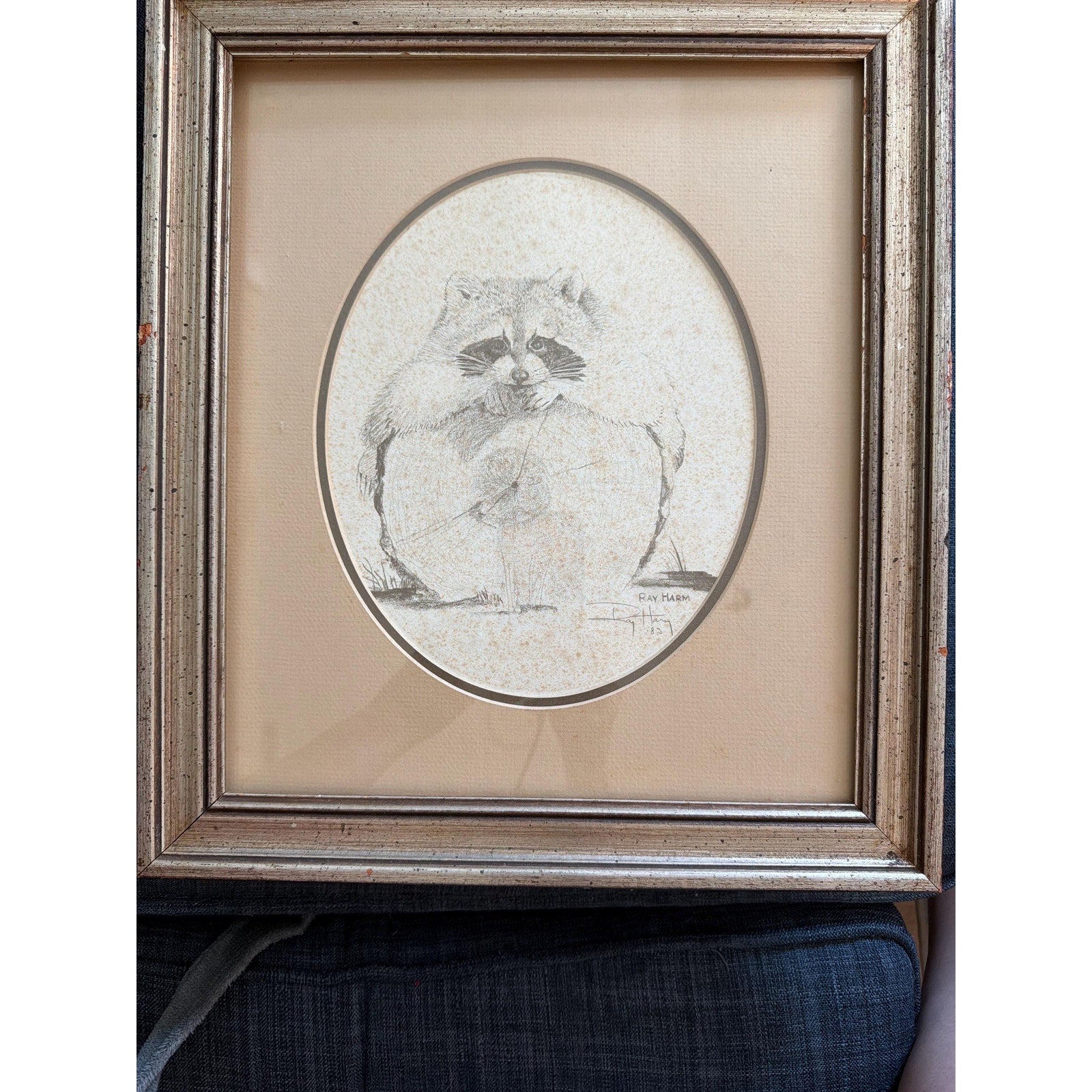 Vintage Woodland Raccoon Art Framed Signed Ray Harm Cozy Cabin Decor