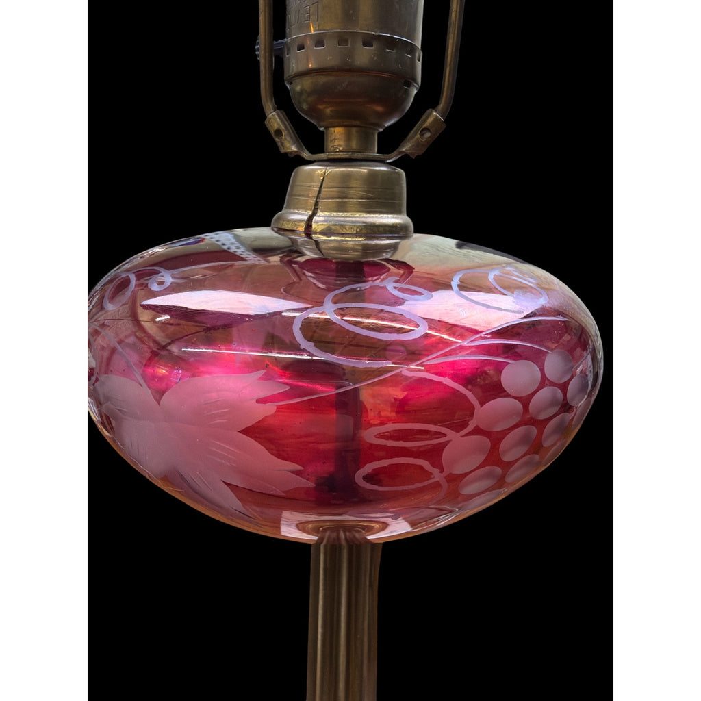 Antique Cranberry Glass Victorian Table Lamp Etched Brass Marble Base
