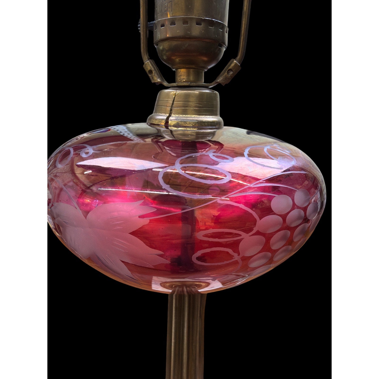 Antique Cranberry Glass Victorian Table Lamp Etched Brass Marble Base