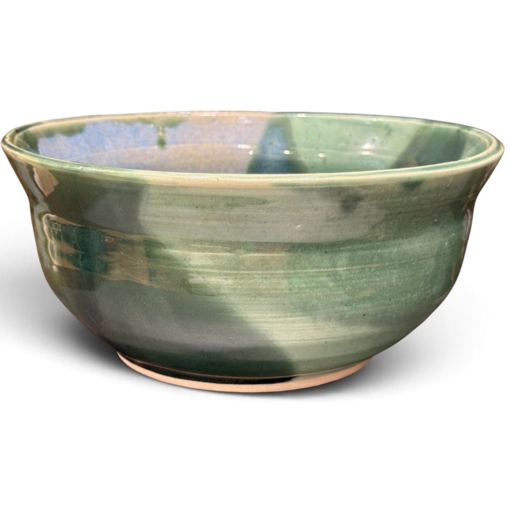 Vintage Studio Pottery Bowl Signed SM Green Blue Glaze Hand Thrown 8.25"