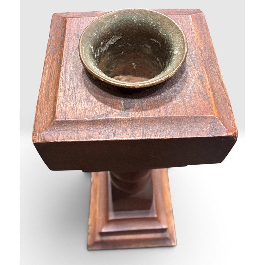 Vintage Hardwood Candlestick Holders Pair Dark Walnut Finish Brass Cups 6.5 Inch – additional view 8