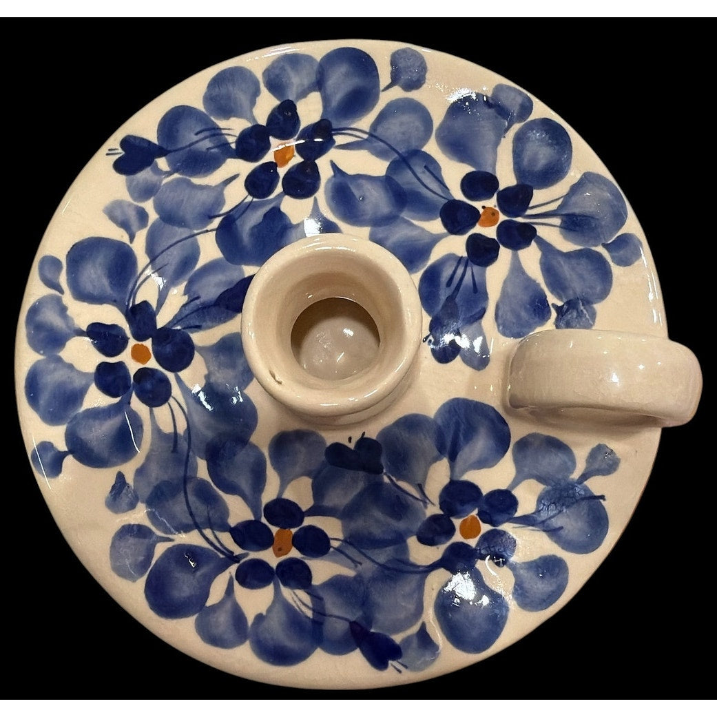 Vintage Eduardo Vega Ceramic Chamberstick Candle Holder Blue Floral Ecuador – additional view 3