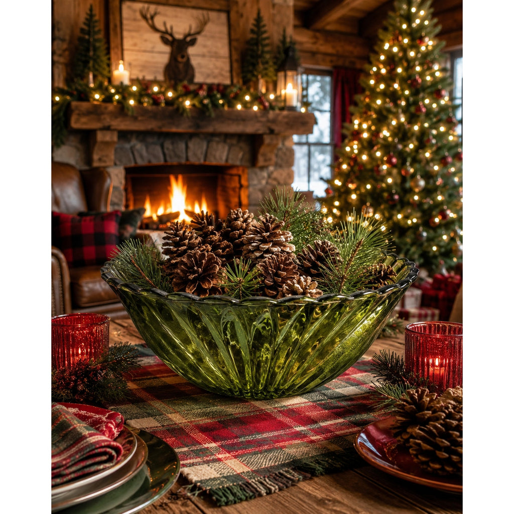Vintage Evergreen Pressed Glass Serving Bowl 9 Inch Holiday Centerpiece