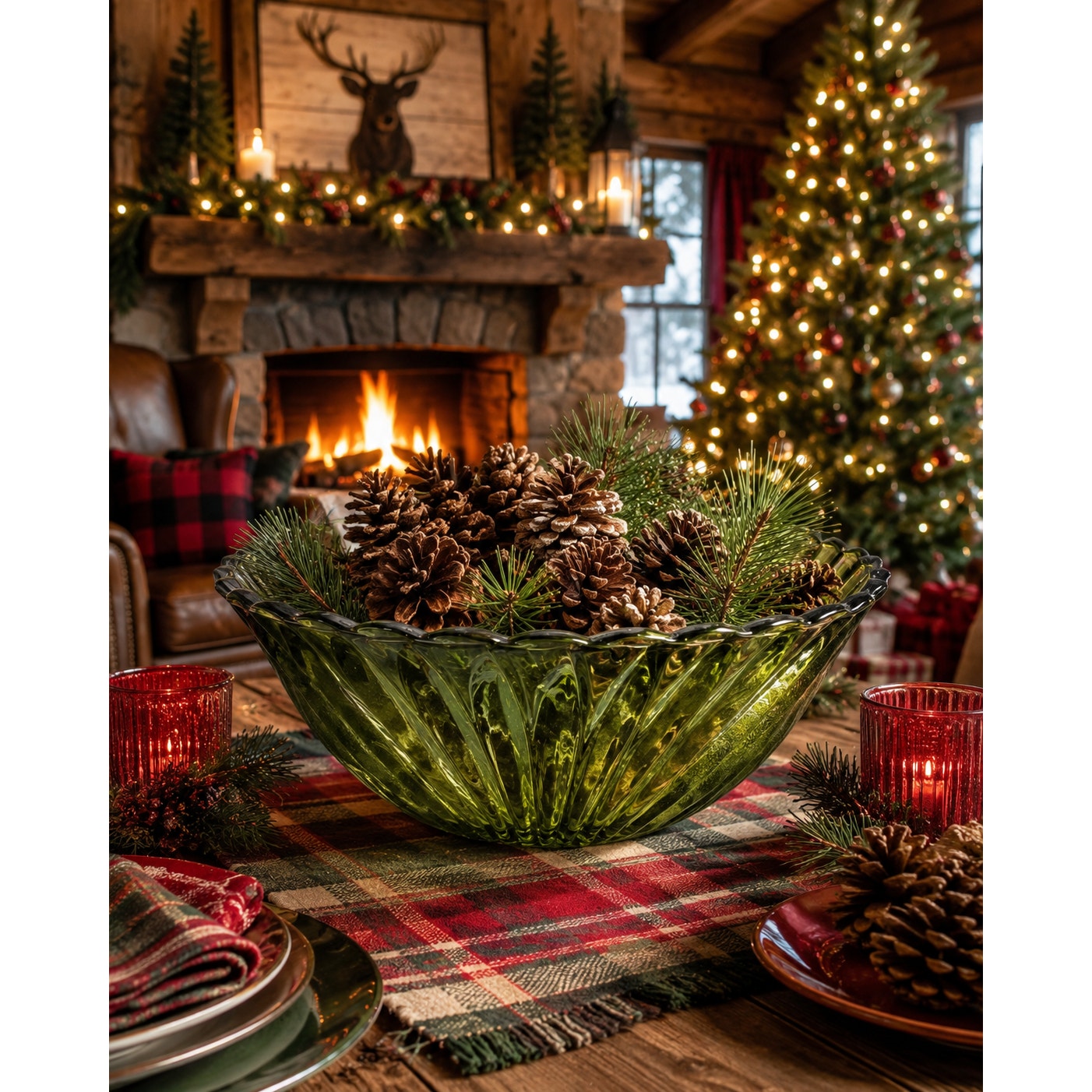 Vintage Evergreen Pressed Glass Serving Bowl 9 Inch Holiday Centerpiece