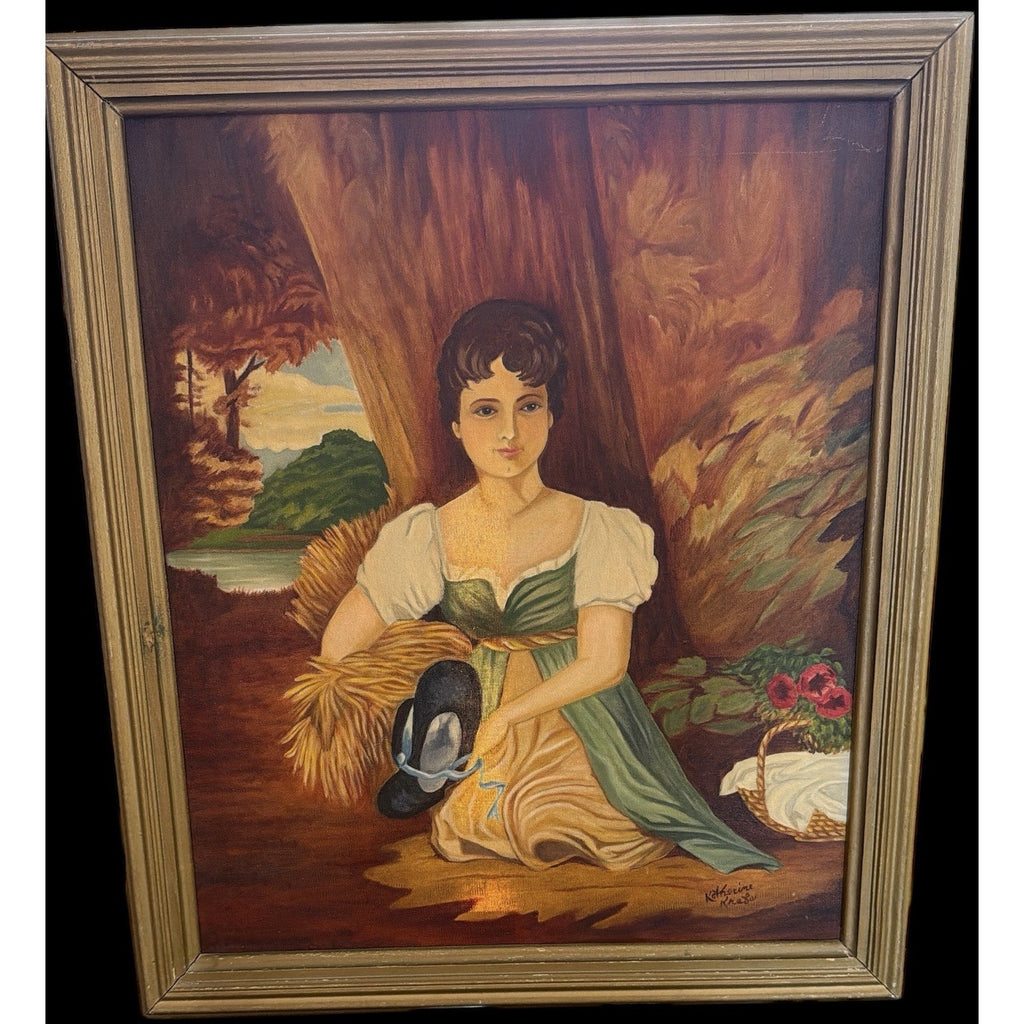 Vintage Oil Painting Portrait Woman Pastoral Signed Katherine Krefs Framed