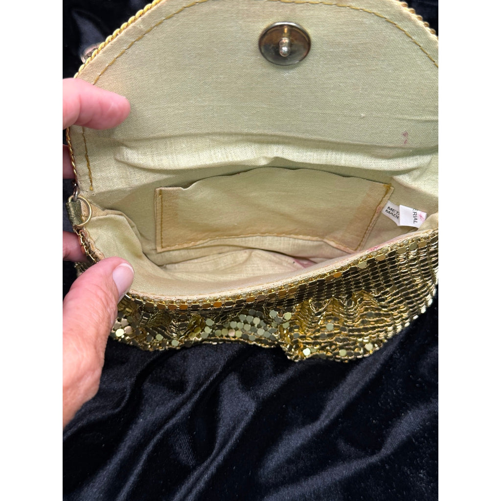 Vintage Gold Mesh Evening Bag Long Chain Purse Disco Cocktail Clutch
