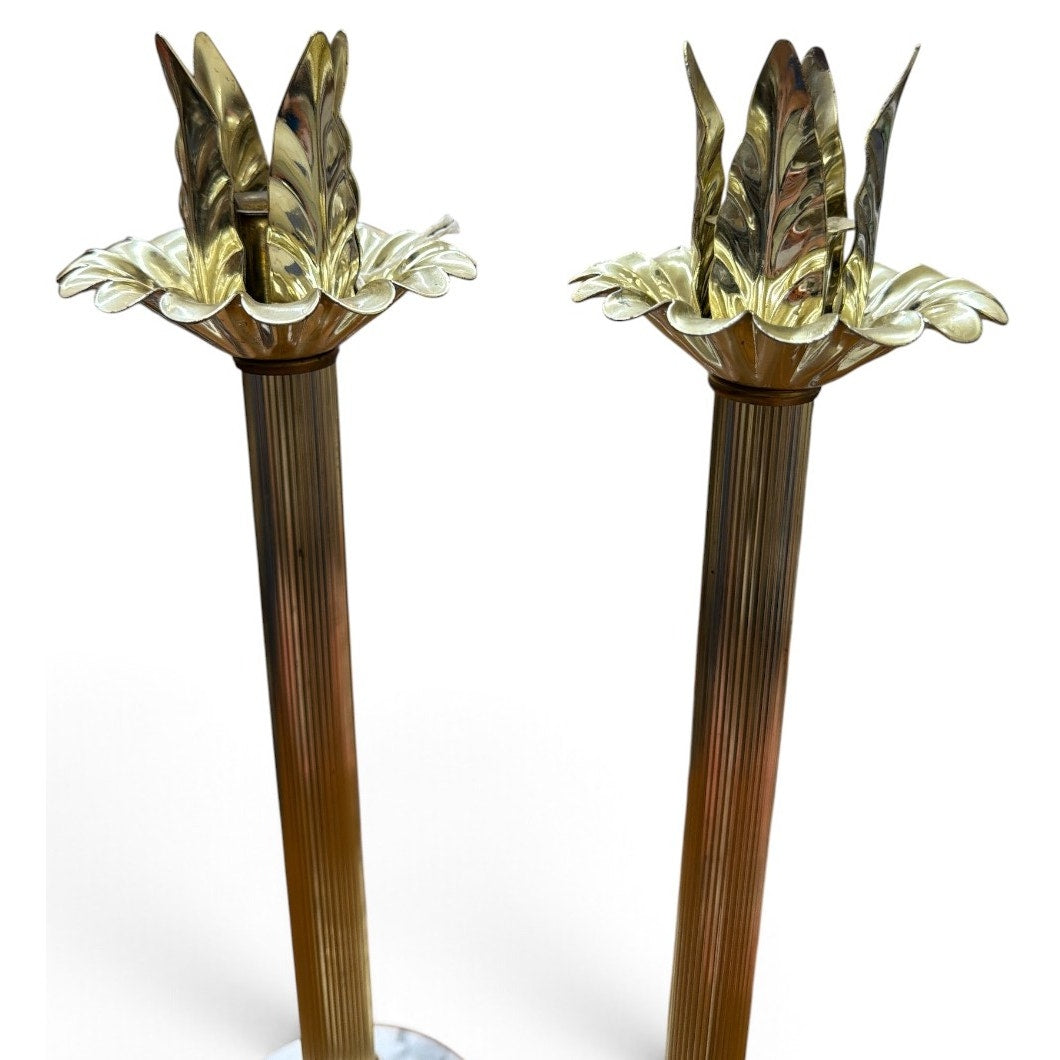 Vintage CAI CO Italian Brass Marble Candlesticks Pair 14 Inch