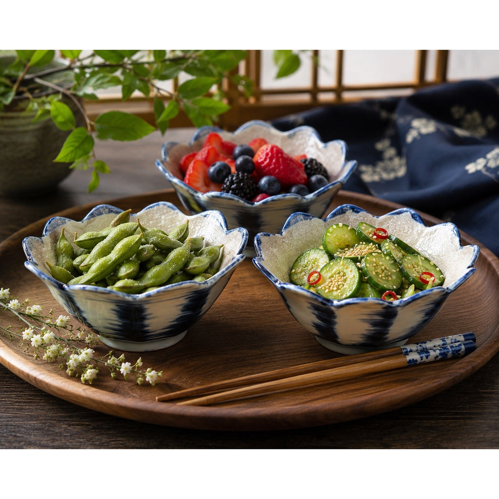 Vintage Studio Pottery Bowls Set of 3 Cobalt Blue Scalloped Dessert Rice Bowls