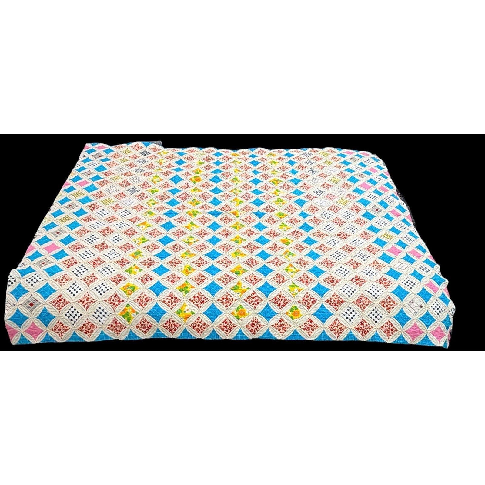 Vintage Hand Pieced Cathedral Window Quilt 60x76 Hand Stitched Cotton Quilt Throw Cottage Farmhouse Decor