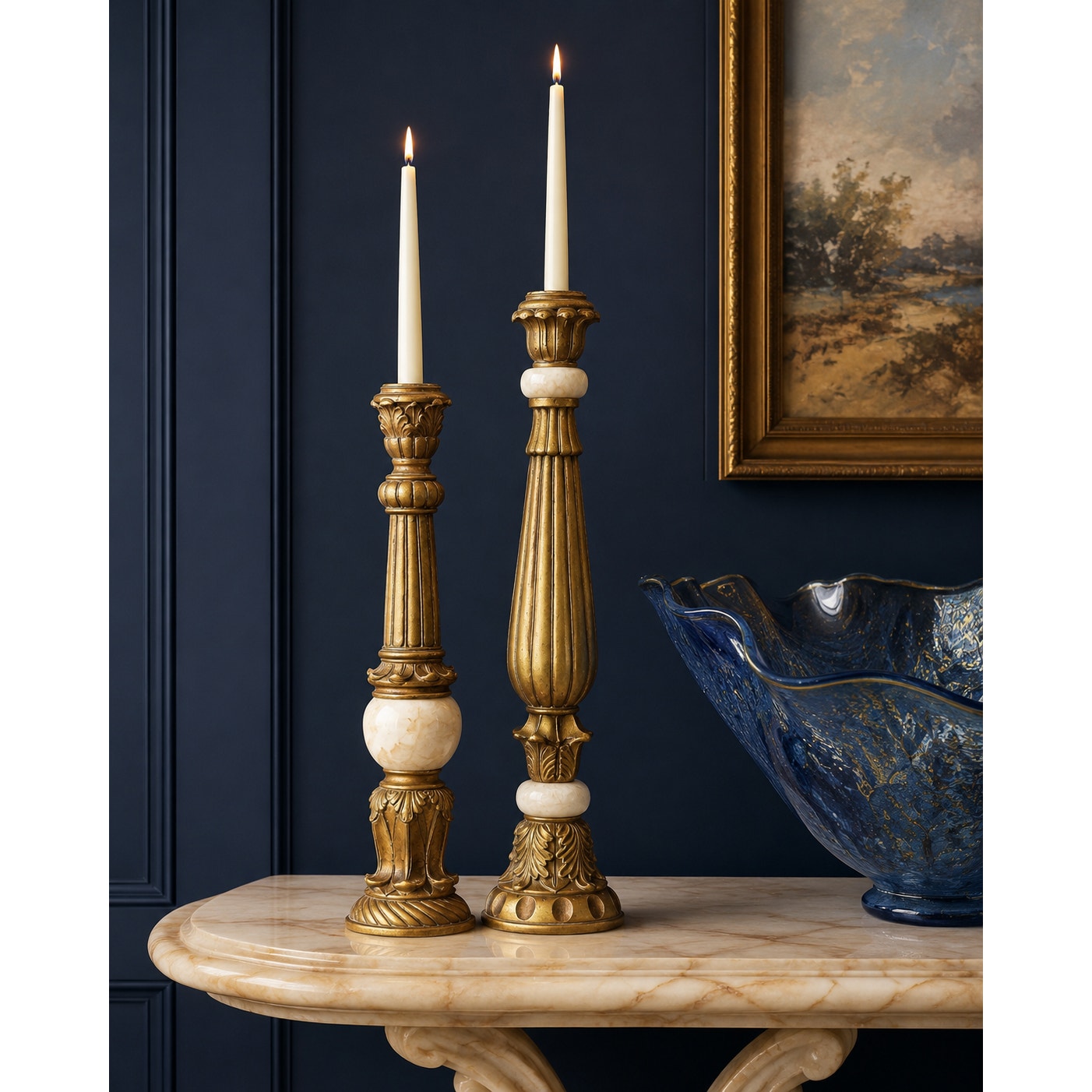 Vintage Stone & Gilt Resin Candlestick Set French Country Decor