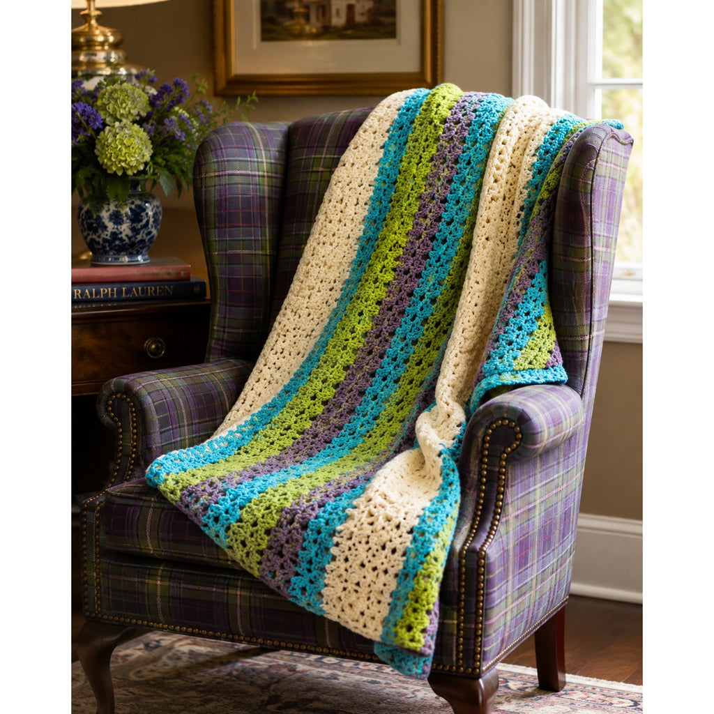 Handmade Crochet Afghan Blanket 55" Square Purple Green Turquoise Ivory – main view