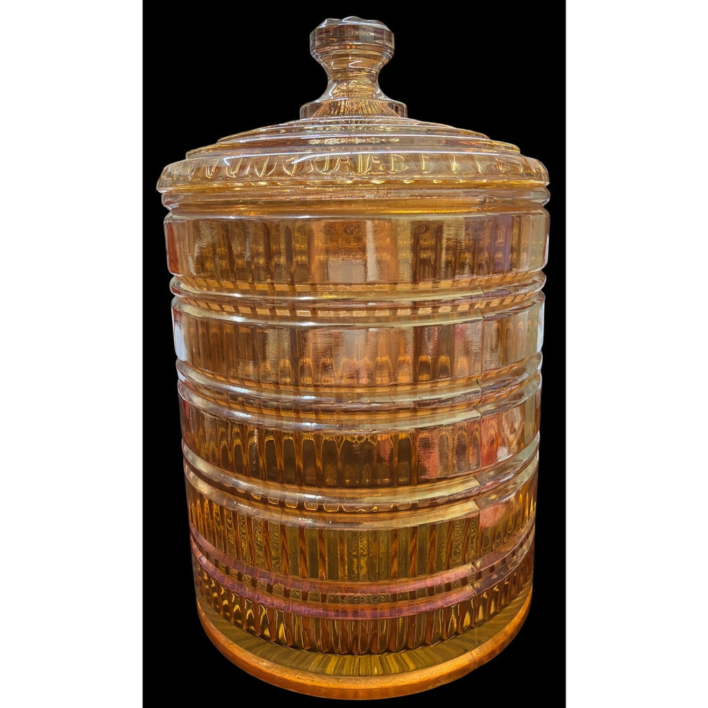 Exceptional Vintage Peach Carnival Glass Biscuit Jar Jeannette Attributed 9.5"