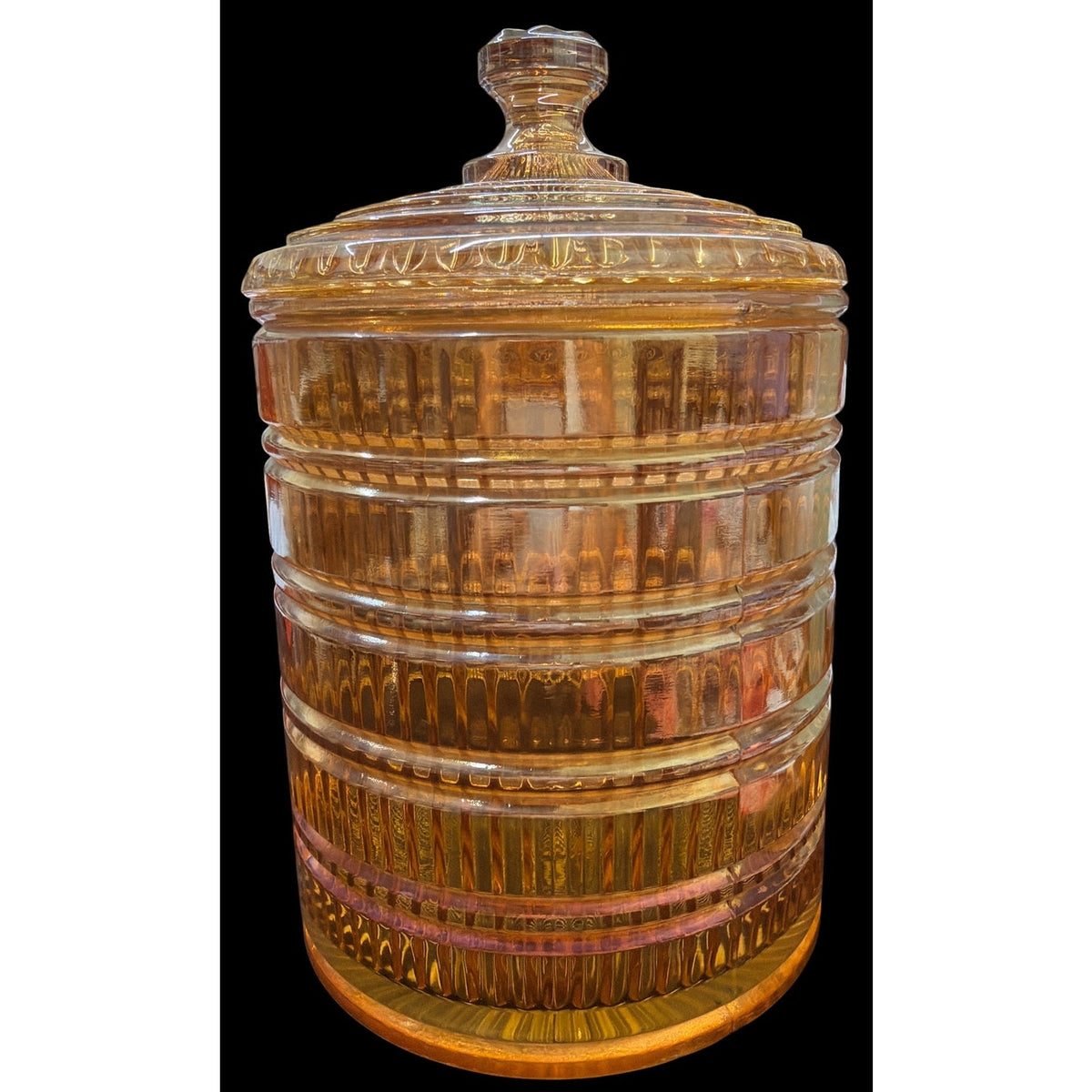 Exceptional Vintage Peach Carnival Glass Biscuit Jar Jeannette Attributed 9.5"