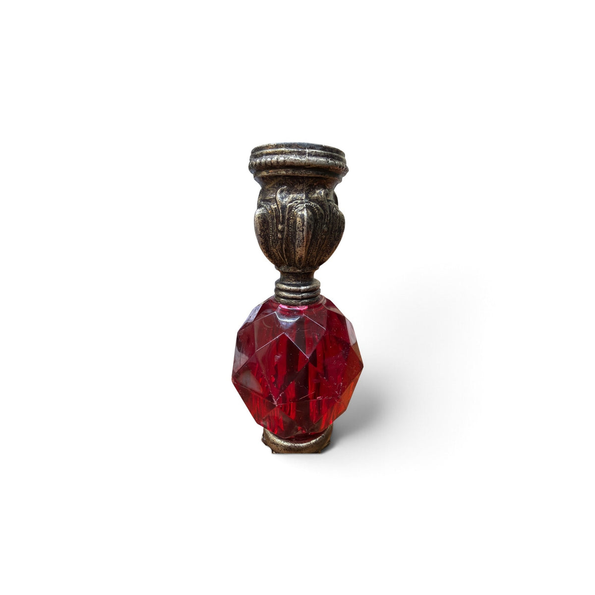 Vintage Red Lucite Candlestick Holders Pair Ornate Gold Tone Metal 8"