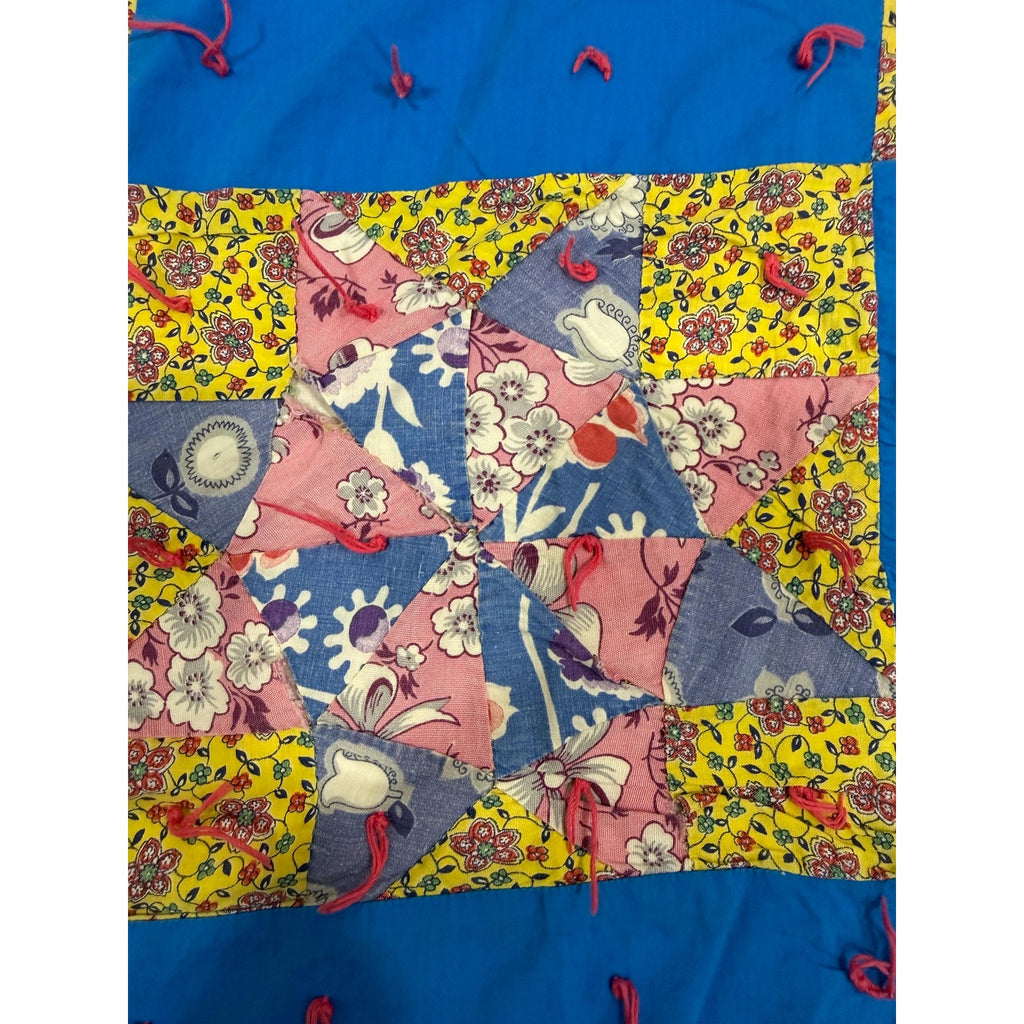 Vintage Hand Pieced Quilt Handmade Tied Quilt Depression Era Feed Sack Fabric