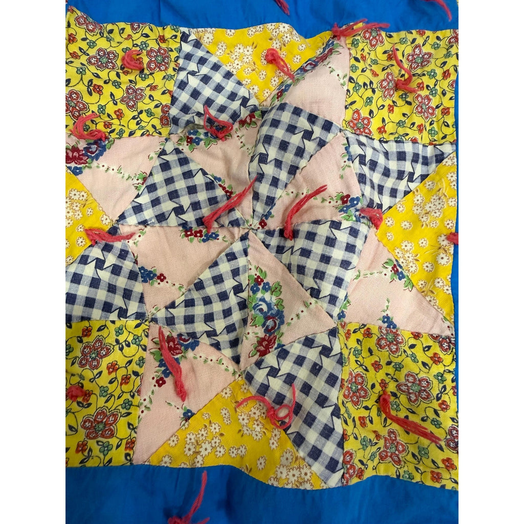 Vintage Hand Pieced Quilt Handmade Tied Quilt Depression Era Feed Sack Fabric