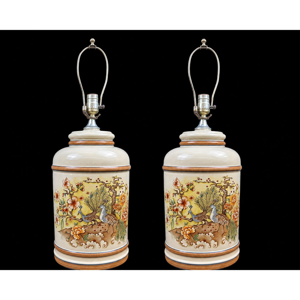 Vintage Chinoiserie Peacock Porcelain Table Lamp Pair (Sold Individually)