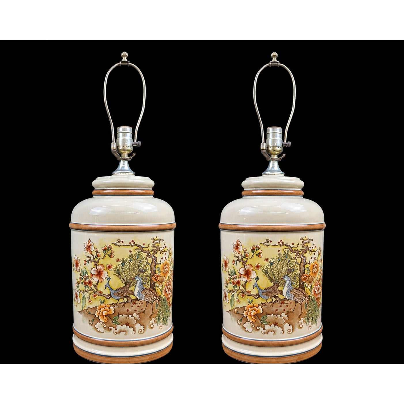 Vintage Chinoiserie Peacock Porcelain Table Lamp Pair (Sold Individually)