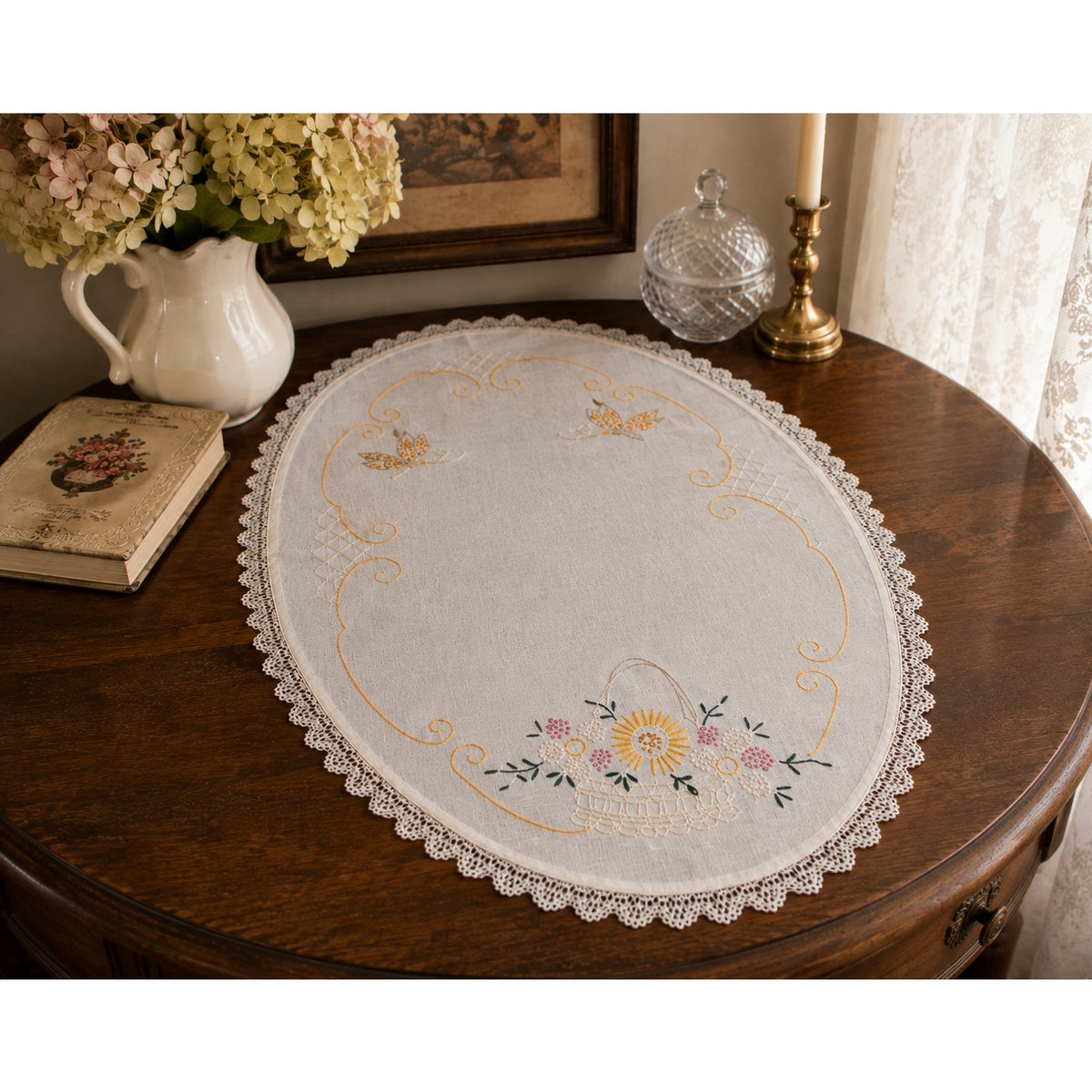 1940s Hand Embroidered Linen Centerpiece Flower Basket Butterflies Lace – main view