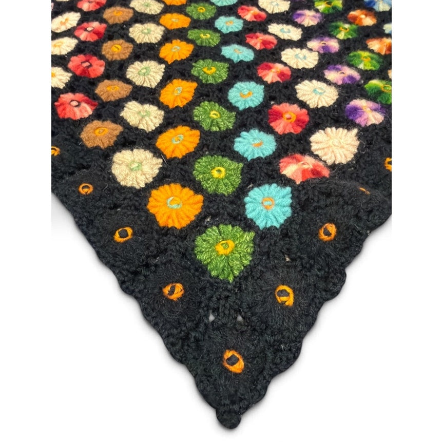 Vintage Wool Crochet Afghan Black Multicolor Miniature Flower Blanket 53 x 45 – additional view 4