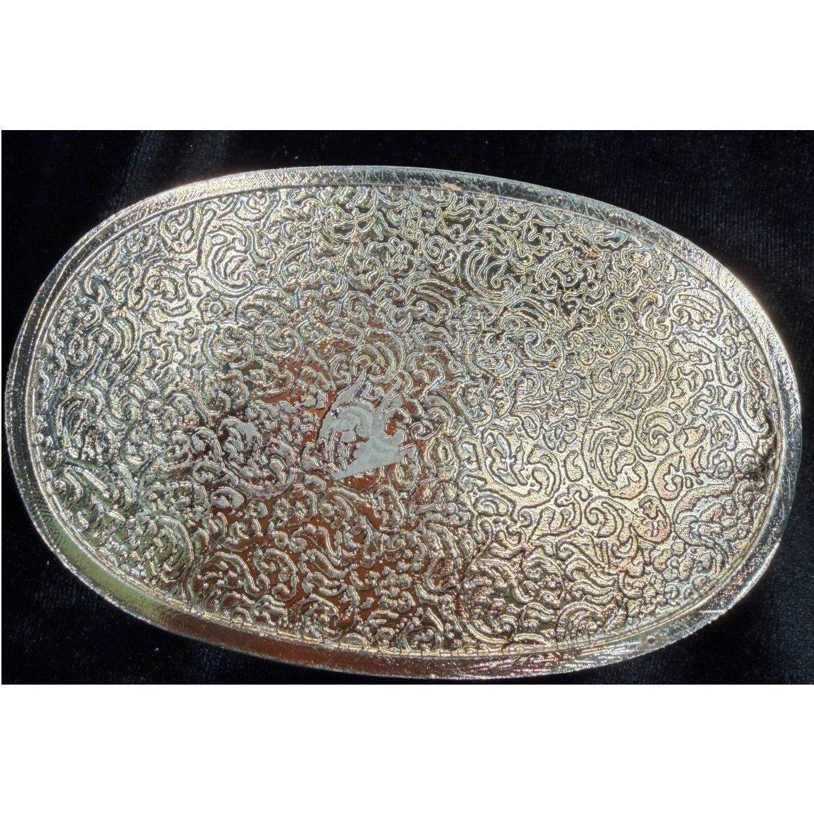Vintage Silver Tone Jewelry Casket Red Satin Lined Oval Trinket Keepsake Box