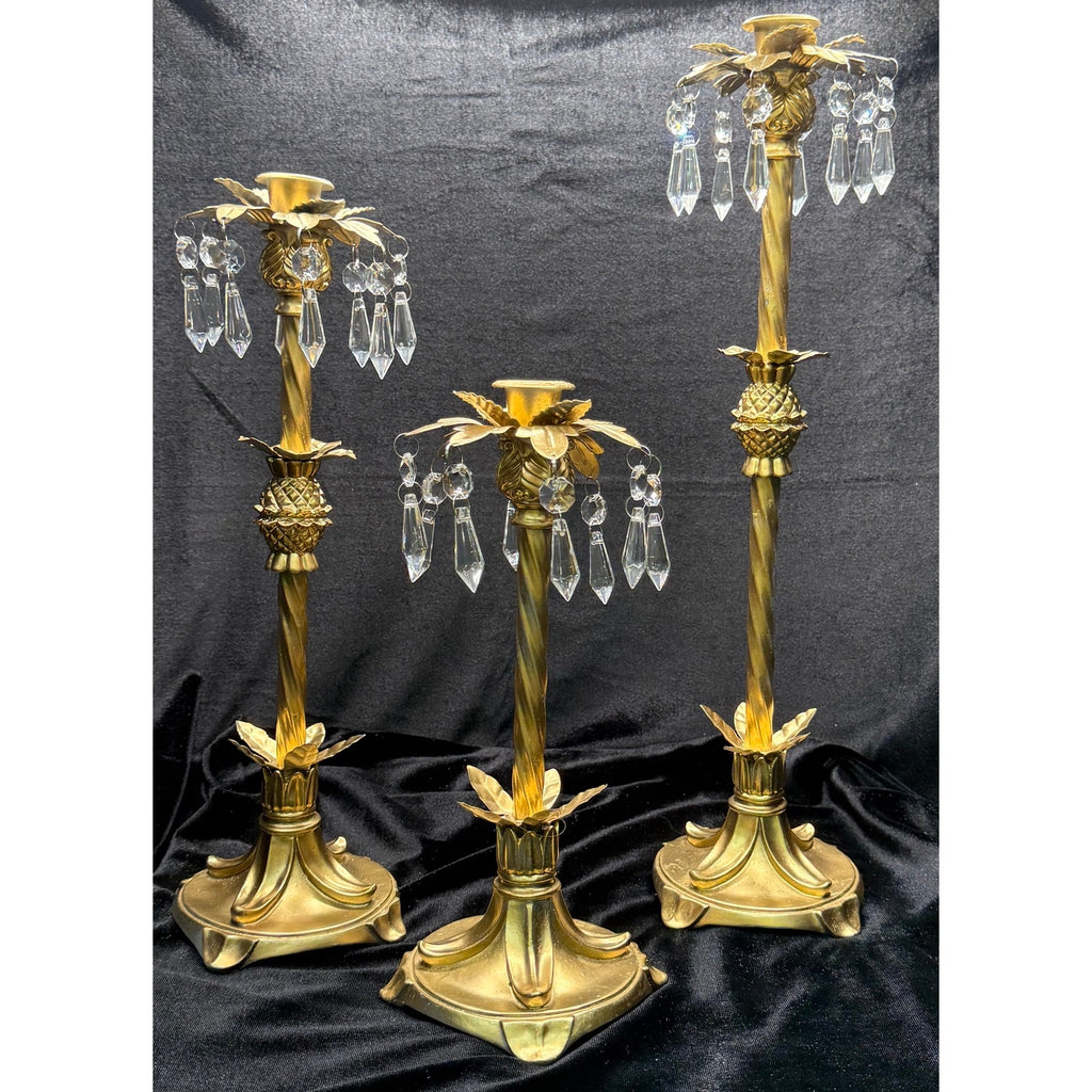 Hollywood Regency Crystal Prism Candlestick Set Gold Floral Candle Holders