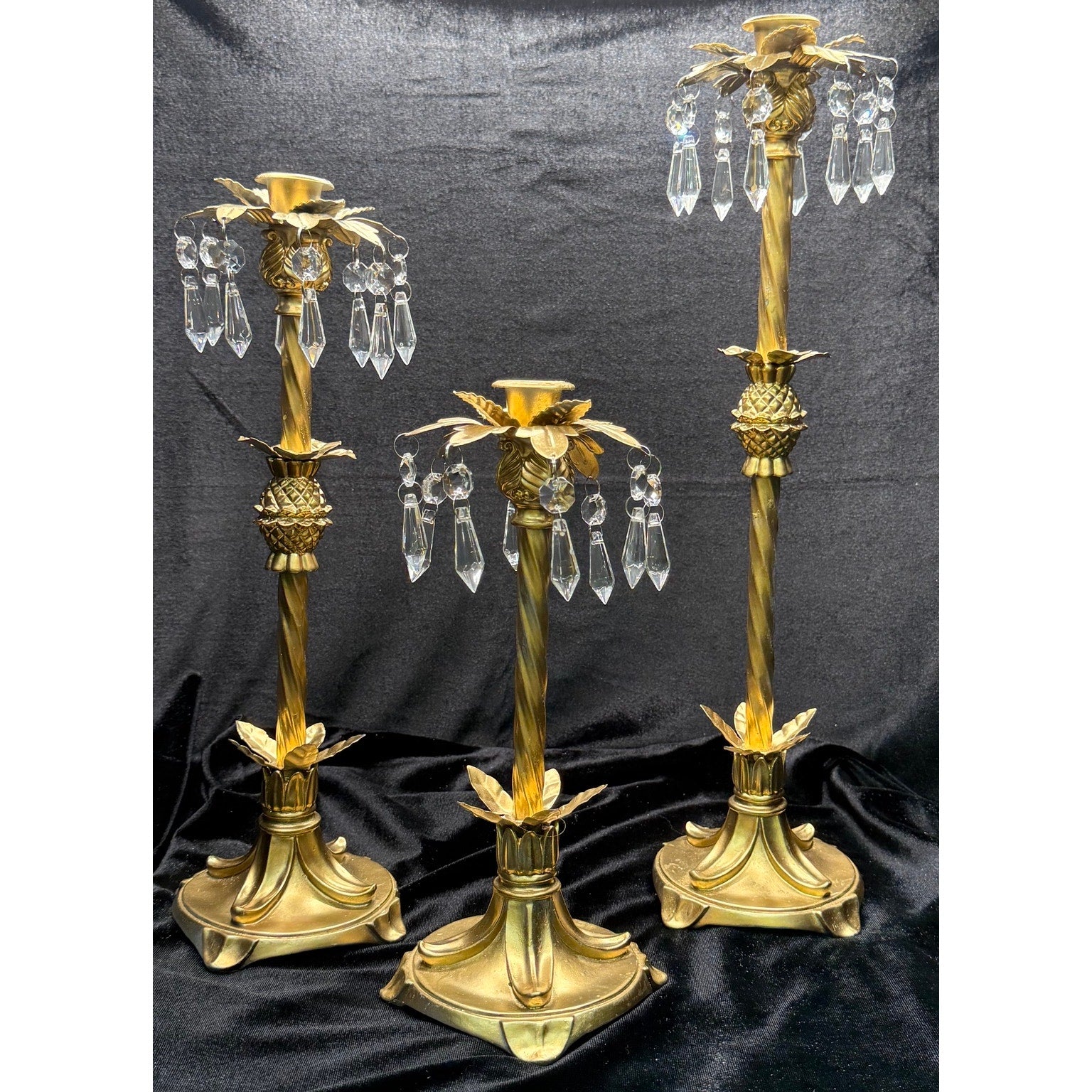 Hollywood Regency Crystal Prism Candlestick Set Gold Floral Candle Holders