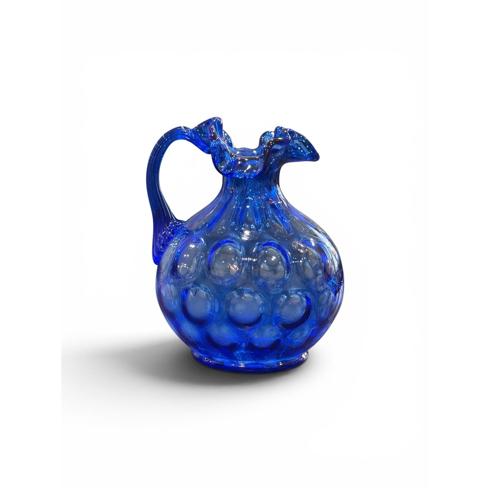 Vintage Fenton Cobalt Blue Coin Dot Pitcher, Hand Blown Art Glass Creamer