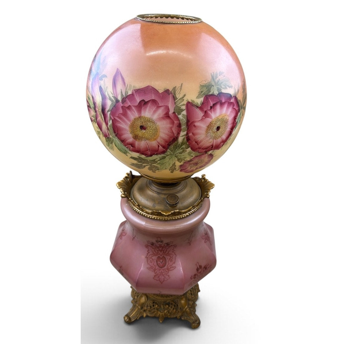 Antique Banquet Oil Lamp Pink Satin Glass Success Burner Floral Globe