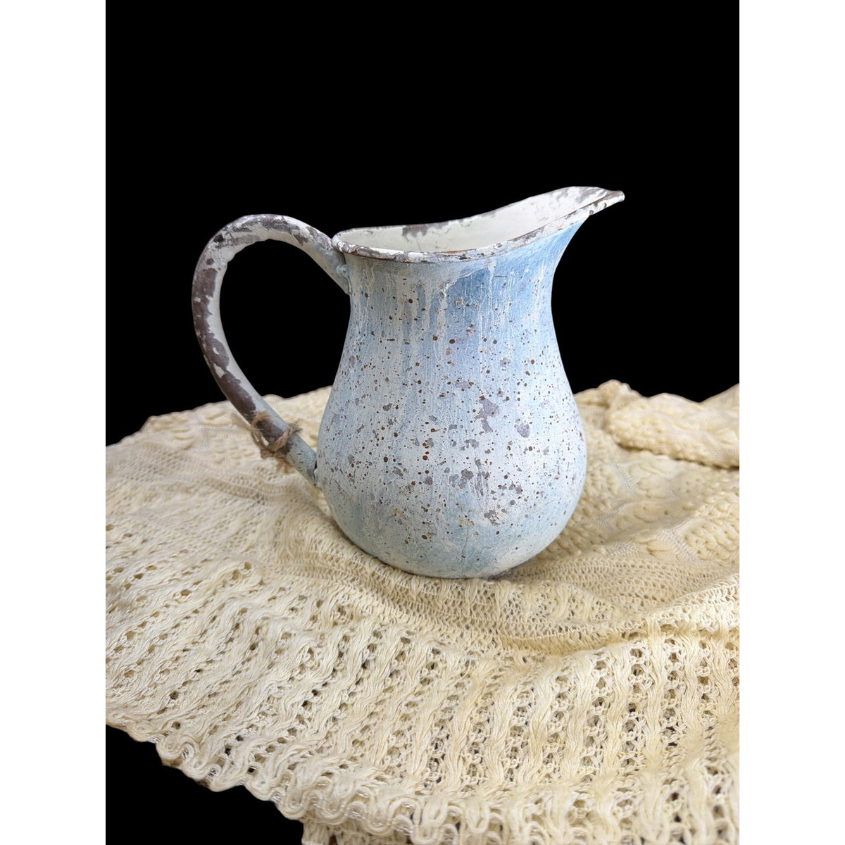 Vintage Hand Painted Metal Pitcher Blue White French Country Primitive Decor – additional view 2