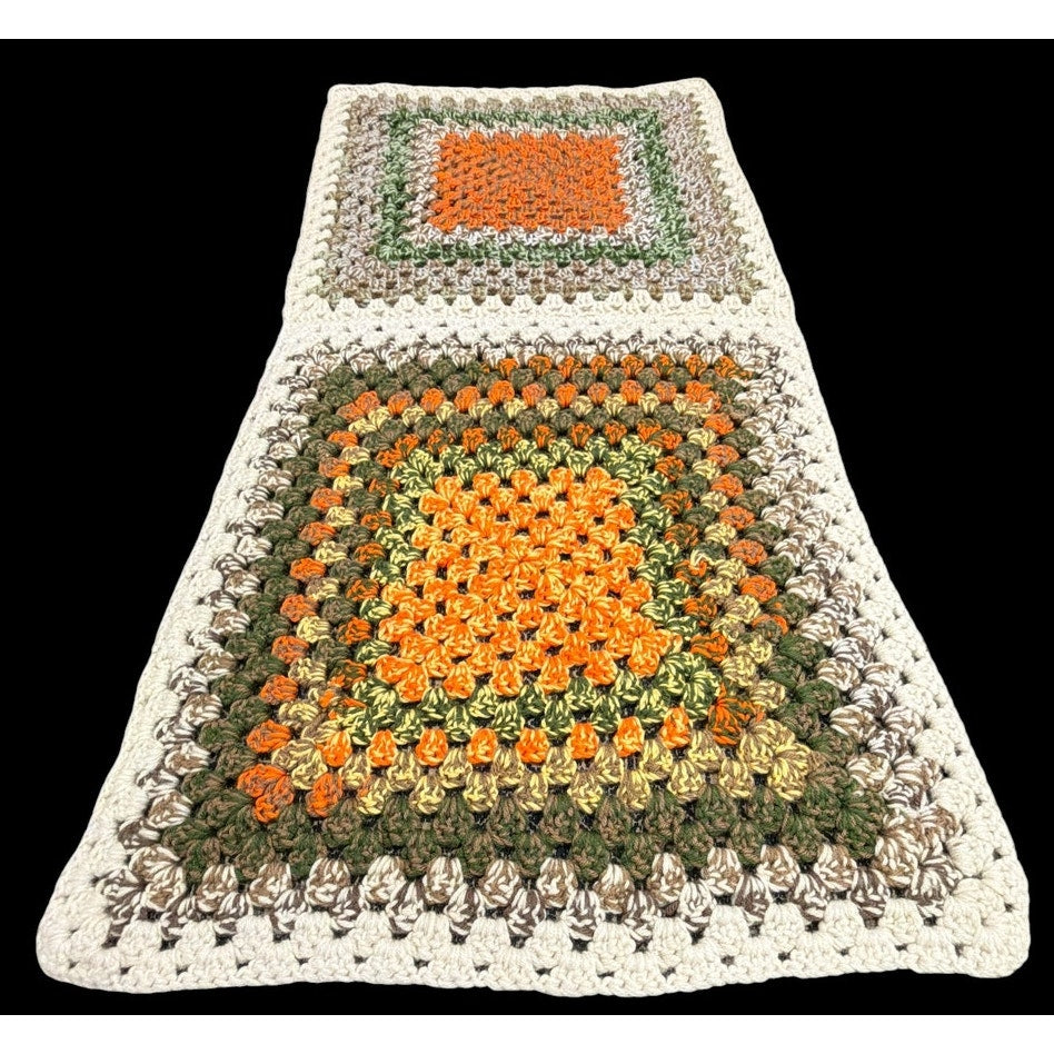 Vintage Crochet Decorative Afghan Orange Green Fall Cabinet Drape 50 x 24