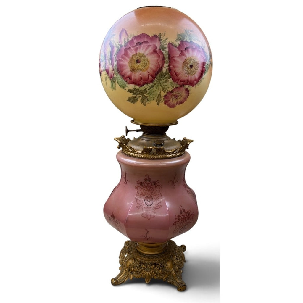 Antique Banquet Oil Lamp Pink Satin Glass Success Burner Floral Globe