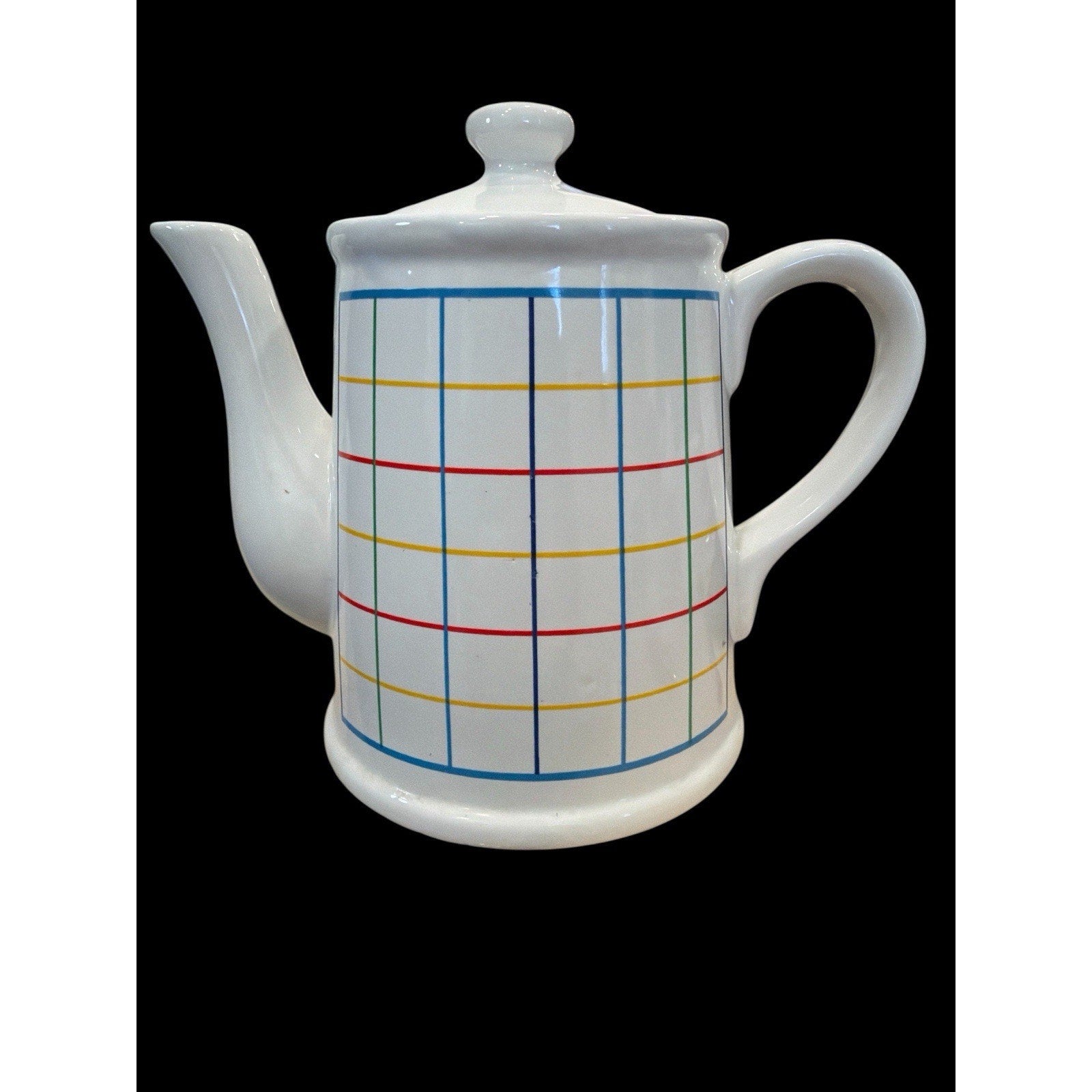 Vintage Retro Grid Ceramic Teapot Colorful Plaid Coffee Pot Mid Century Style