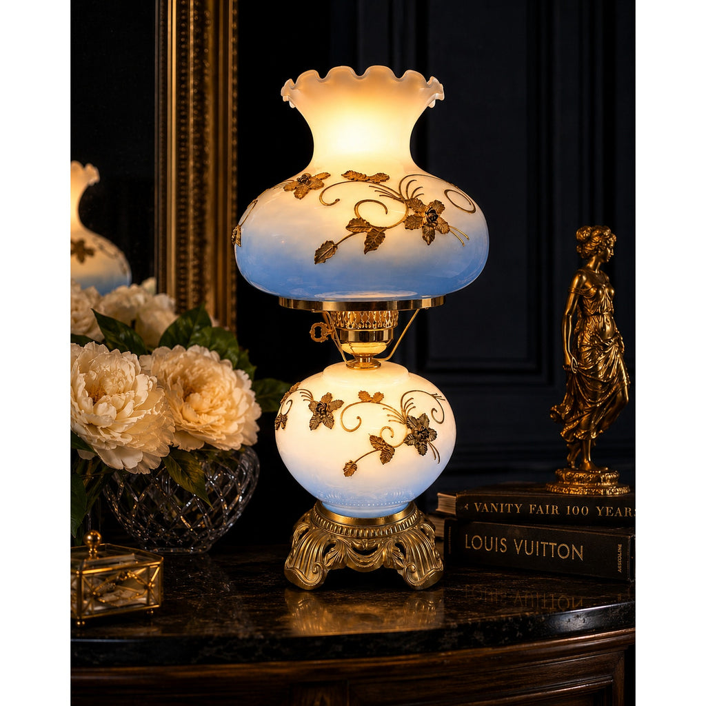 Attributed Falkenstein Blue Opaline Gone With the Wind Dual Light Hurricane Lamp