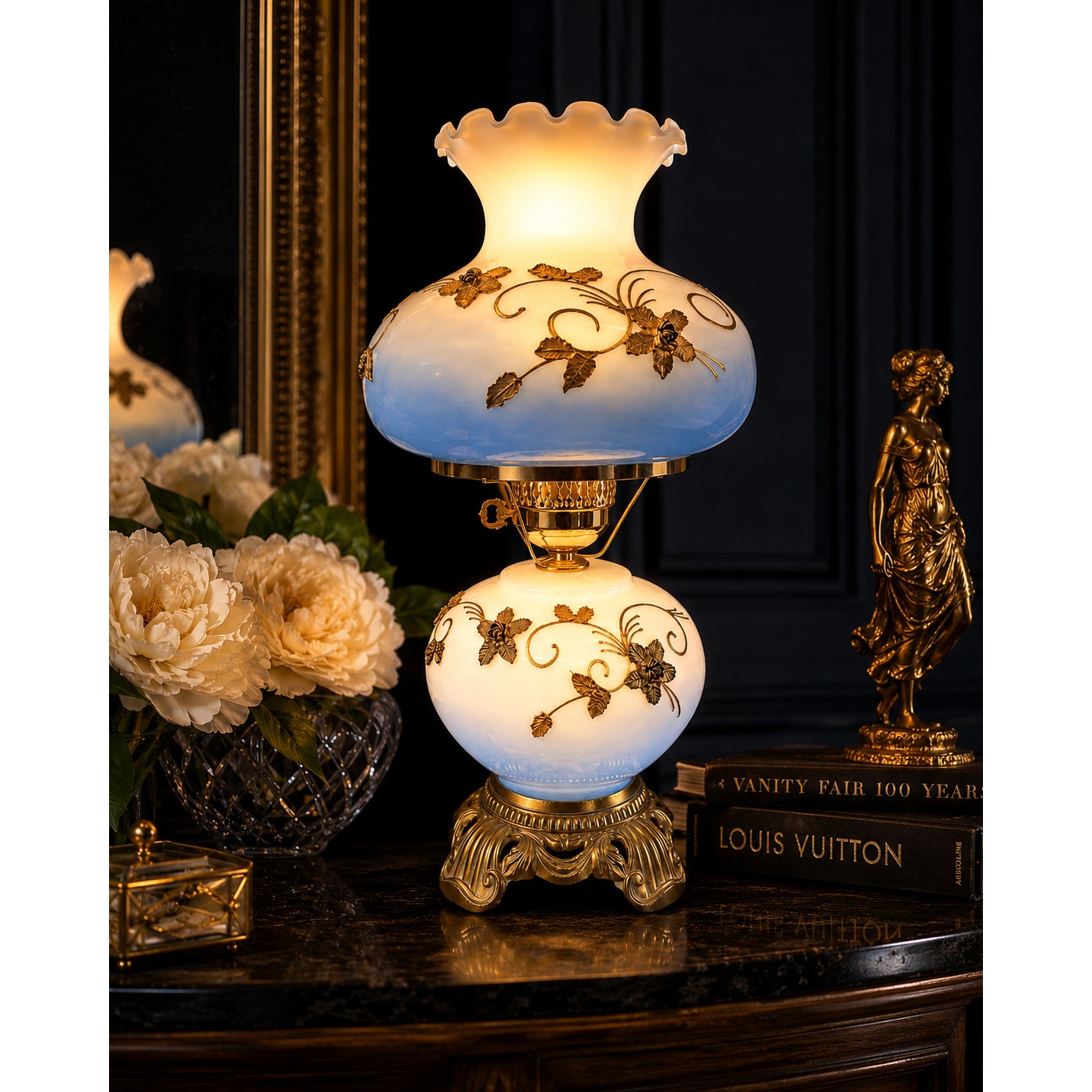 Attributed Falkenstein Blue Opaline Gone With the Wind Dual Light Hurricane Lamp