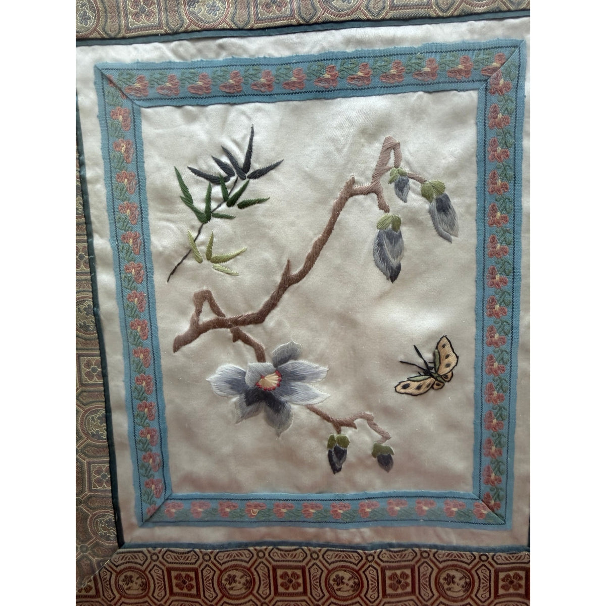Vintage Chinese Silk Embroidery Framed Butterfly Botanical Textile Art