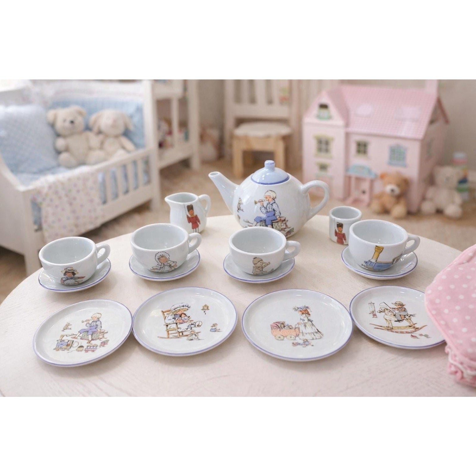 Vintage Children's Porcelain Tea Set with Storybook Illustrations – Nursery Decor Toy