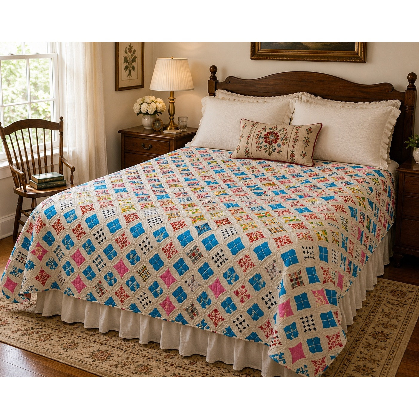 Vintage Hand Pieced Cathedral Window Quilt 60x76 Hand Stitched Cotton Quilt Throw Cottage Farmhouse Decor
