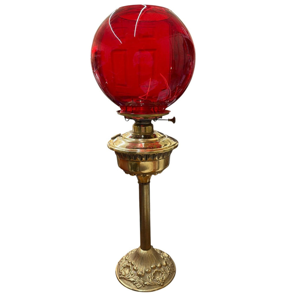 Antique Brass Electric Table Lamp with Ruby Red Glass Globe