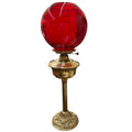 Antique Brass Electric Table Lamp with Ruby Red Glass Globe