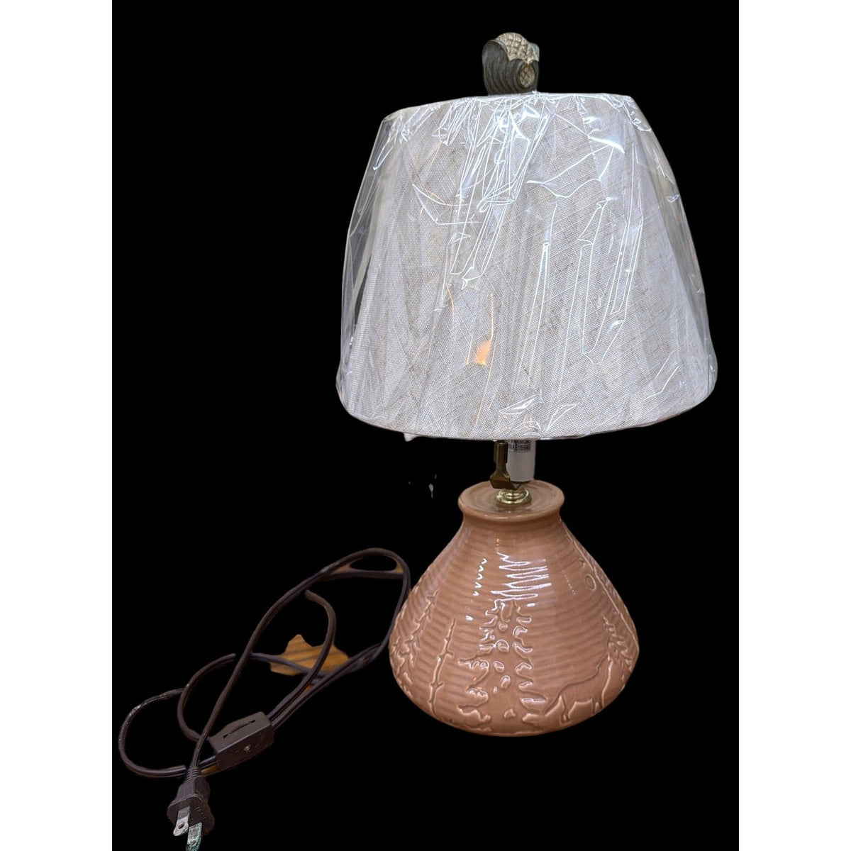 Woodland Ceramic Table Lamp Pine Tree Relief Pinecone Finial Linen Shade 17" – additional view 2