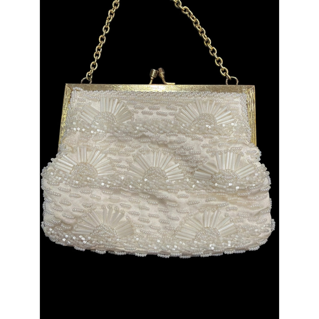 Vintage Beaded Evening Purse & Faux Pearl Necklace Set, Ivory Bridal Handbag