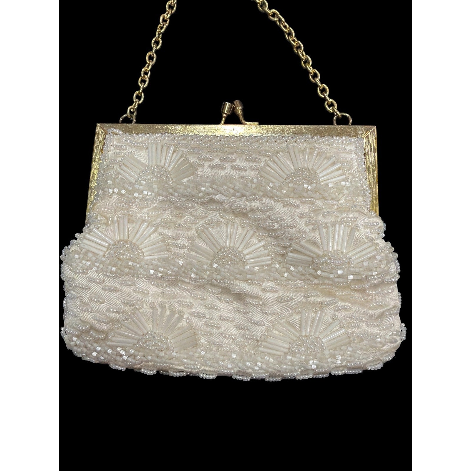 Vintage Beaded Evening Purse & Faux Pearl Necklace Set, Ivory Bridal Handbag