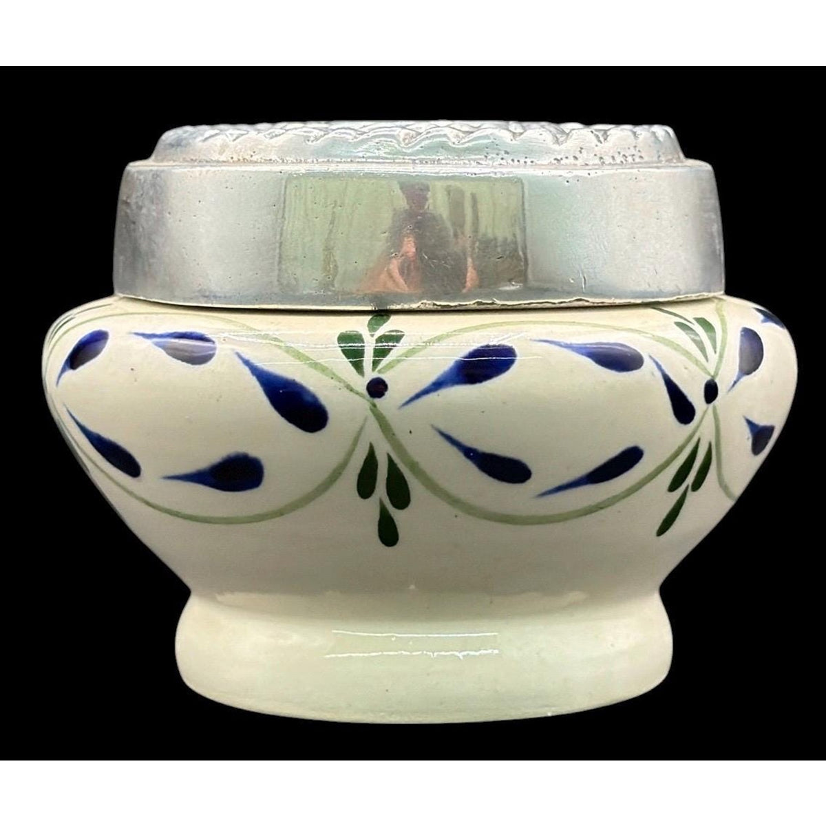Hand Painted Mexican Ceramic Jar, Pewter Lid, Folk Art Lidded Pot – additional view 5