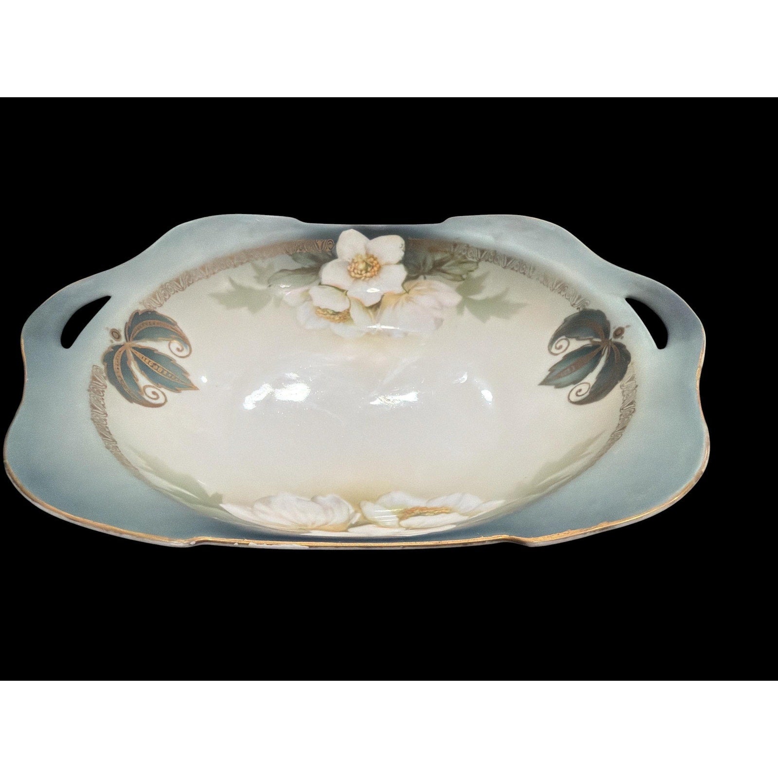 Antique RS Germany Porcelain Bowl Blue Gold Floral Handled Edwardian