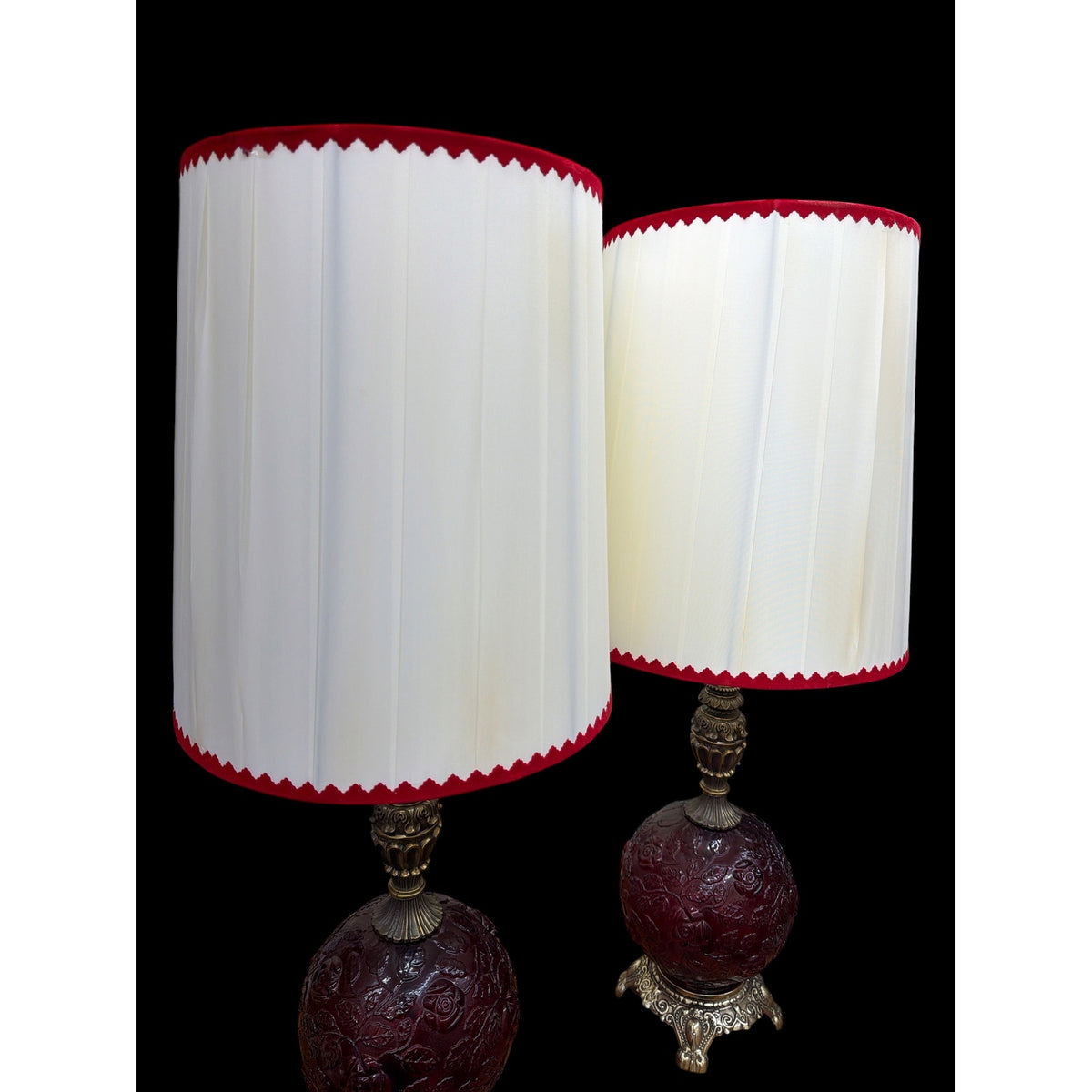 Pair Vintage Ruby Red Glass 3-Way Table Lamps Lighted Bases Roses 28" – additional view 7