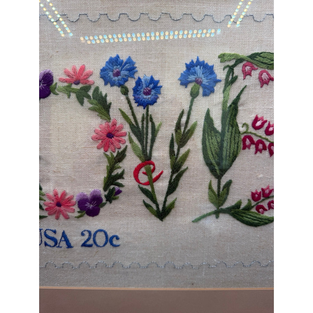 Vintage Framed Hand Embroidered LOVE Sampler Floral Needlework Wall Art