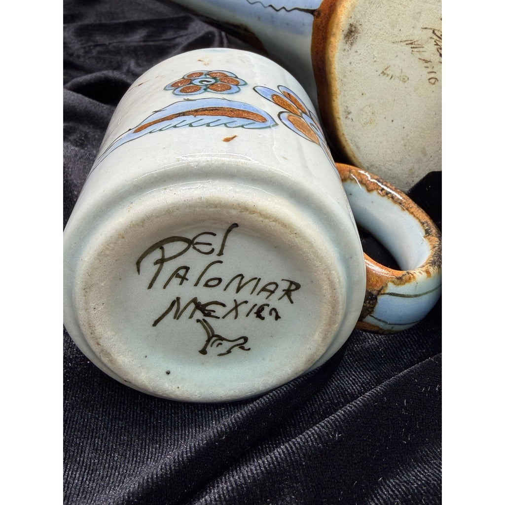 Vintage Del Palomar Mexico Coffee Pot & 3 Mug Set Blue Bird Stoneware