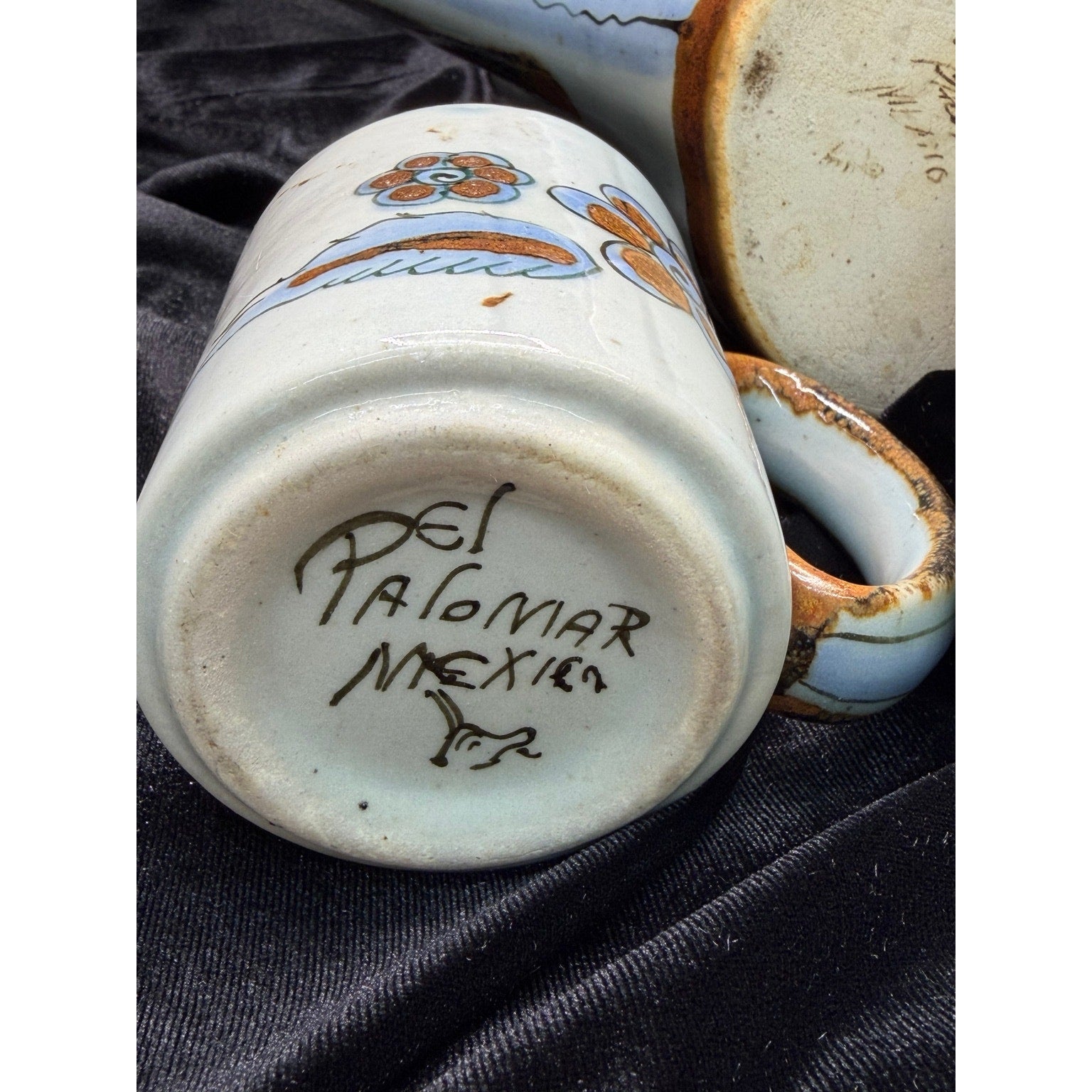 Vintage Del Palomar Mexico Coffee Pot & 3 Mug Set Blue Bird Stoneware