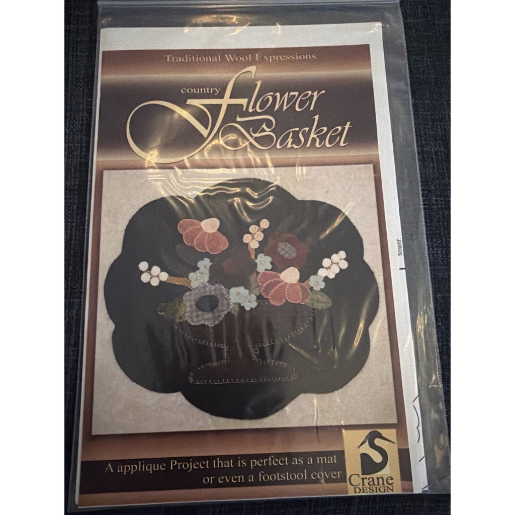 Country Flower Basket Wool Applique Pattern Crane Design NOS